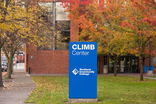 CLIMB exterior with a blue PCC CLIMB Center sign