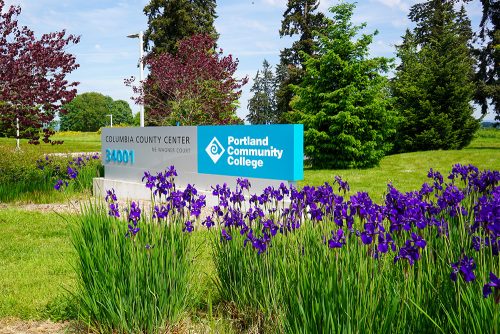Columbia County Center sign with irises in front