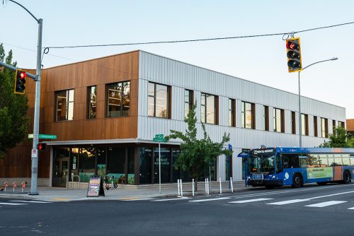 Opportunity Center at 42nd Ave with a TriMet bus stopped outside