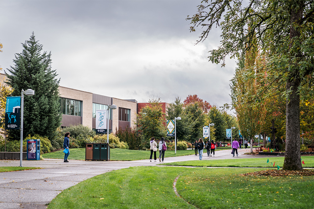 Students walking down a tree-lined pathway at Rock Creek
