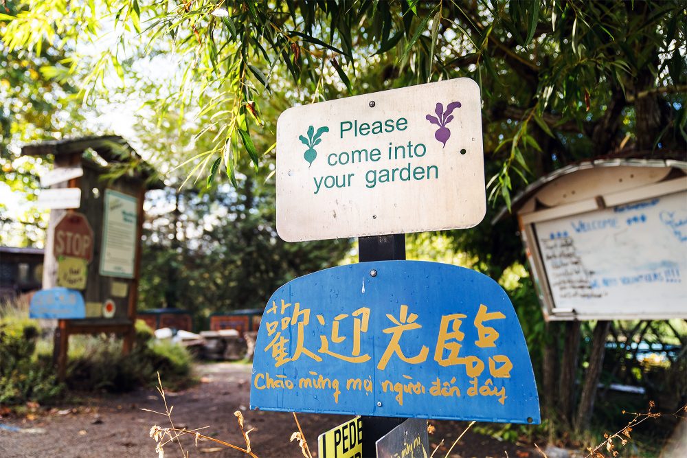 Learning Garden with a sign saying "please come into your garden" in multiple languages