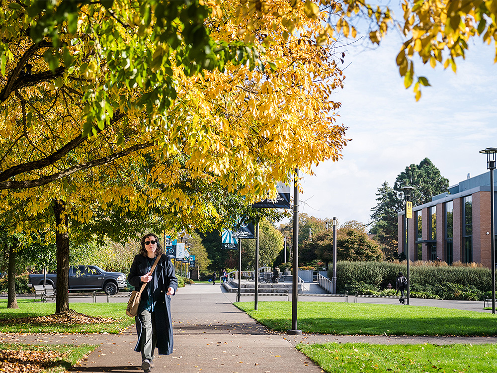 Student walking on campus under a yellow autumn tree