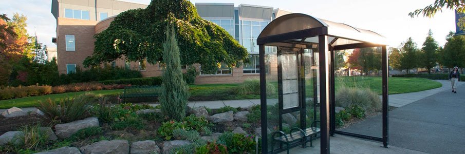 Campus building with trimet stop in front