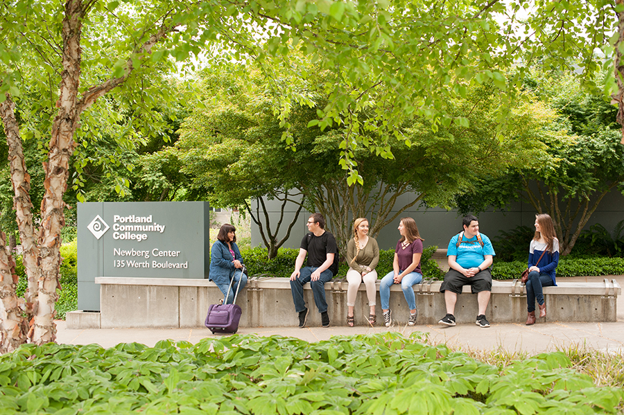 A group of student hanging out outside the Center