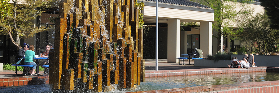 Rock Creek outdoor fountain with students studying