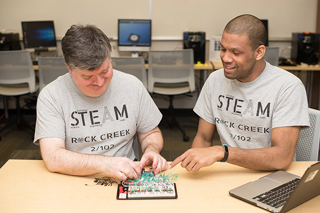 Students working on a circuit together