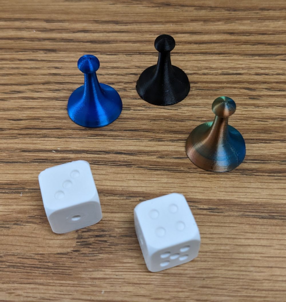 3D printed dice and game pieces