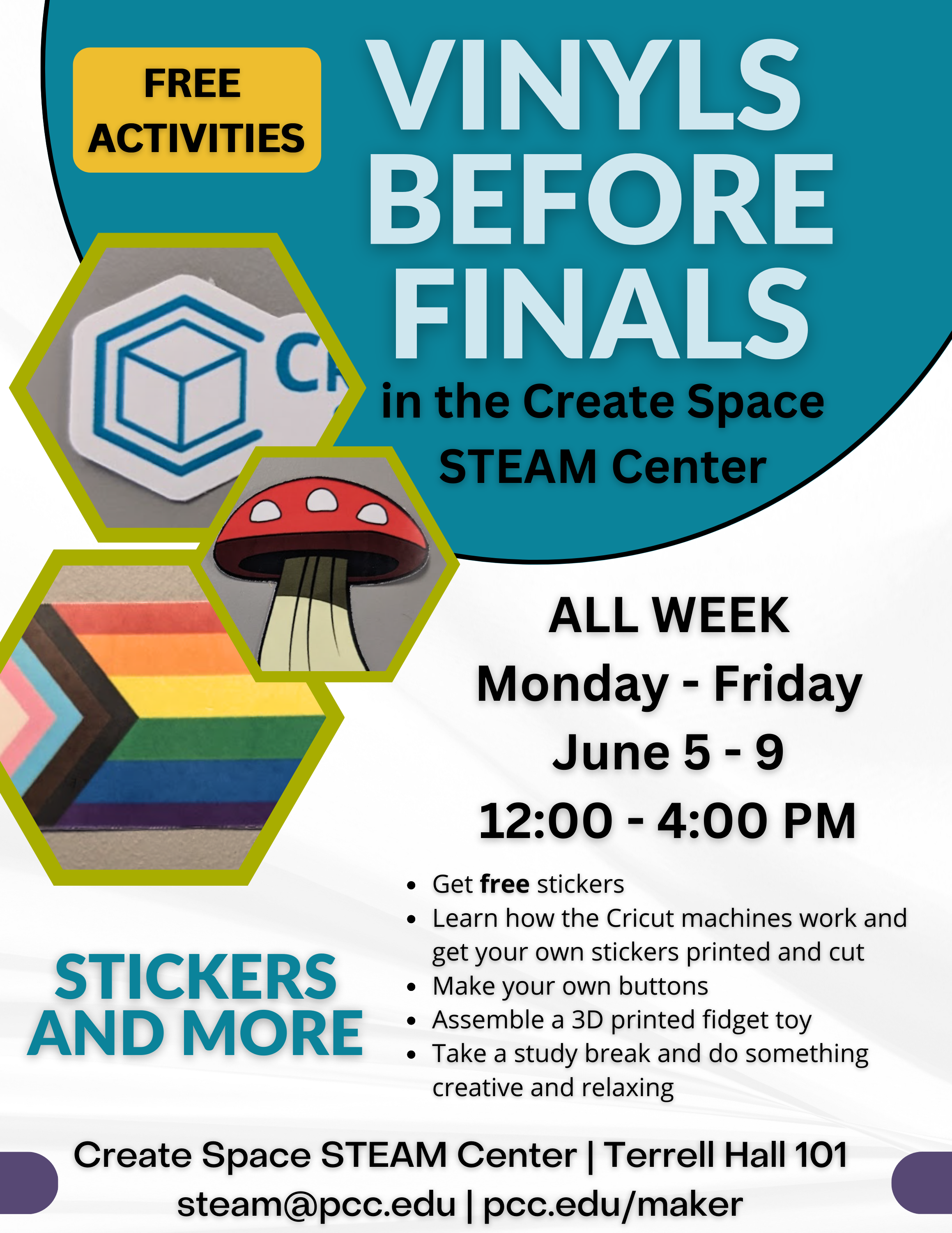 Vinyls Before Finals Announcement | Get free stickers. Learn how the Cricut machines work and get your own stickers printed and cut. Make your own buttons. Assemble a 3D printed fidget toy. Take a study break and do something creative and relaxing. | At the Cascade Create Space | Terrell Hall 101 | Monday through Friday | June 5th - 9th | 12:00 PM to 4:00 PM