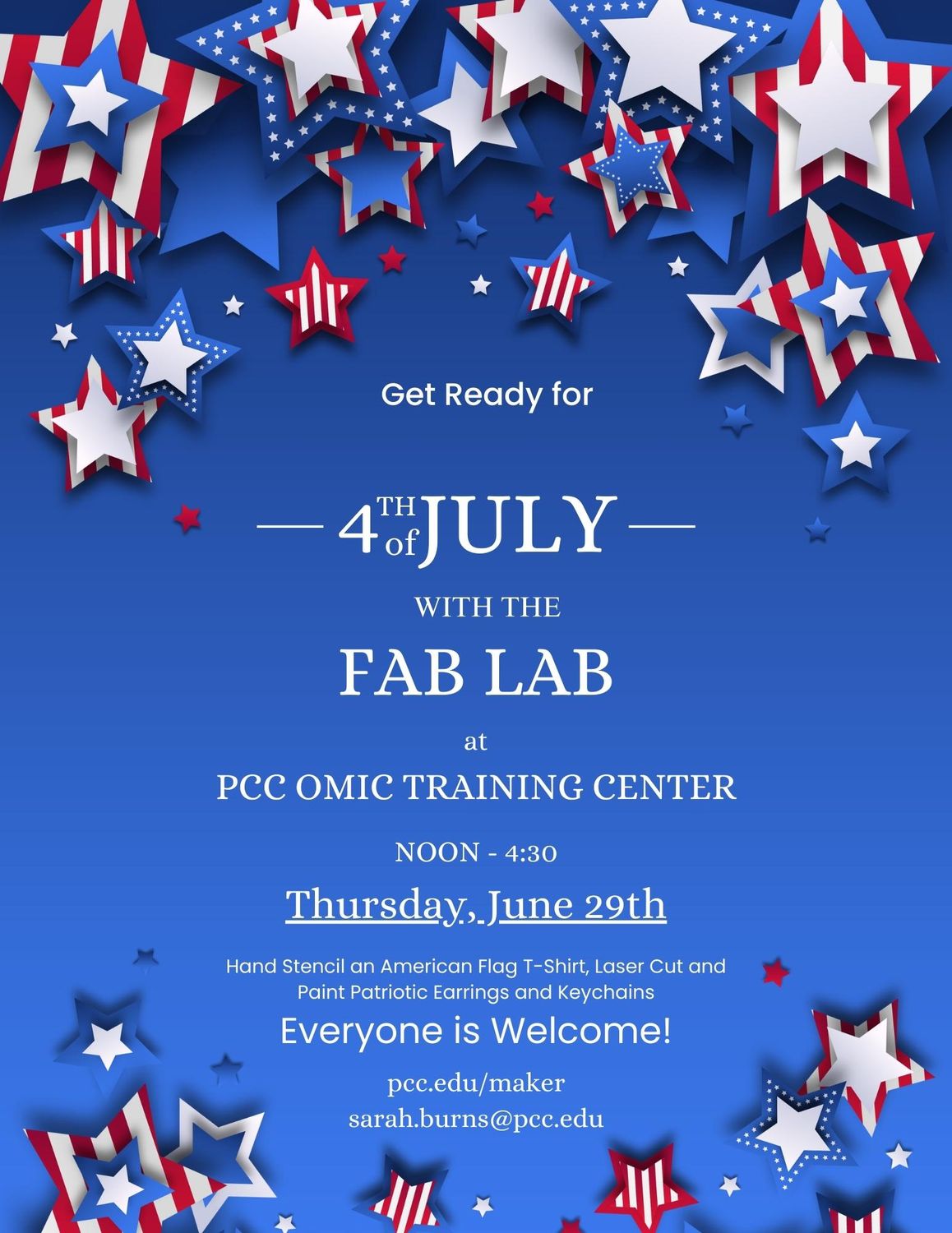 Get ready for the 4th of July with the Fab Lab at the PCC OMIC Training Center. 12:00 to 4:30 PM Thursday, June 29th Hand stencil an American flag t-shirt, laser cut and paint patriotic earrings and keychains. Everyone is welcome! pcc.edu/maker sarah.burns@pcc.edu