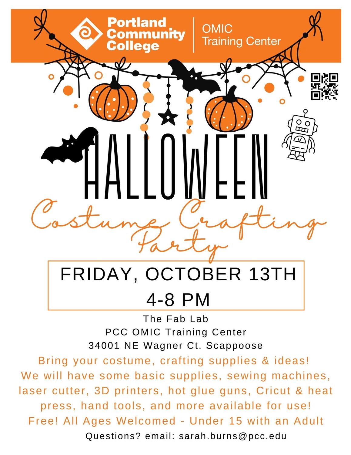  Bring your Halloween Costume and Creativity to the Fab Lab at the PCC OMIC Training Center and join us for a Costume Crafting Party! This Friday, October 13th from 4-8pm. All Ages Welcome, Kids under 15 with adult supervision. Free! We will have the sewing machine and serger running, 3d Printers and laser cutter, hot glue guns, soldering irons, cricut and heat press, plus a small selection of Donated notions, and bits-and-bobs available. Bring any materials you need, and we can help you bring your spooky Halloween Costume Creations to life! 