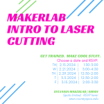 MakerLab Training: Intro to Laser Cutting Get Trained. Make Cool Stuff. Choose a date and RSVP: TH 11.9.2023 1:00-2:30 TH 11.16.2023 12:30-2:00 Wed 11.29.2023 3:00-4:30 Tues 12.5.2023 2:00 – 3:30 Location: Sylvania MakerLab | AM101 Spots limited. RSVP here: sean.rooney@pcc.edu