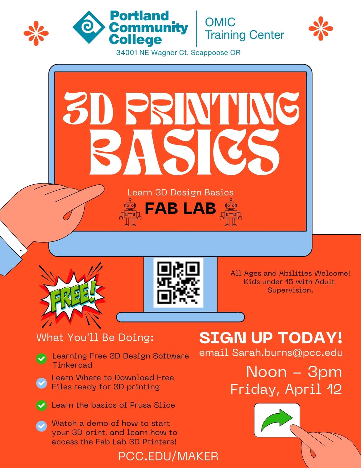 Learn the basics of 3D modeling with Tinkercad, and how to prep your design for 3D printing with Prusaslicer. This Friday, April 12th from Noon-3pm/ Sign up is Free. Email sarah.burns@pcc.edu for more information.