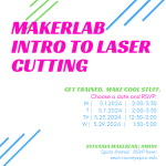 MakerLab Training Intro To Laser Cutting Get trained. Make cool stuff. Choose a date and RSVP: Wednesday | 5/1/2024 | 2:00-3:30 Tuesday | 5/7/2024 | 2:00-3:30 Thursday | 5/23/2024 | 12:30-2:00 Wednesday | 5/29/2024 | 1:30-3:00 Spots limited. RSVP here: sean.rooney@pcc.edu