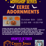 Eerie Adornments Workshop October 6th - 10th 11:00 AM - 4:00 PM Learn the basic line and shape tools in Adobe Illustrator to design your own jewelry piece, then cut it out on the Glowforge laser cutter. No cost. No appointment necessary. No prior experience required. The workshop is estimated to take about 30 minutes. Create Space STEAM Center Terrell Hall 101 Cascade Campus pcc.edu/maker