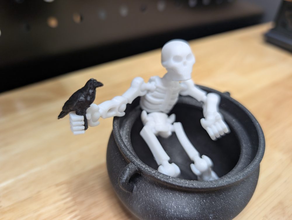 3D Printed Skeleton with Crow Friend in Cauldron