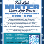 PCC STEAM Centers Open Fab Lab Hours - Winter 2026 Monday -Thursday Noon-5PM Closed Monday, January 19th for MLK Day Closed Thursday, February 19th for Advancing Diversity in Manufacturing Event at OMIC Open Fab Lab is a time where you can explore emerging technology, learn new skills, practice your hobby & Spark your Curiosity! No Registration Required. Drop-In and Sign-in at the door. All skill levels are Welcome! Youth under 16 with Adult Supervision. The Fab Lab has basic materials available to use at no cost. If you have specific projects in mind, or want to create a large project, we request that you bring your own materials. Please talk to Fab Lab Staff about your ideas! The Fab Lab is Located in Room 107 at the PCC OMIC Training Center 34001 NE Wagner Ct, Scappoose OR 97056 Email: sarah.burns@pcc.edu with questions