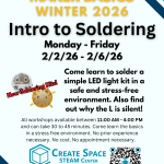 Cascade Create Space STEAM Center Maker Basics Winter 2026 Intro to Soldering Workshop Monday - Friday 2/2/26 - 2/6/26 Come learn to solder a simple LED light kit in a safe and stress-free environment. Also find out why the L is silent! New Soldering Kits! All workshops available between 11:00 AM - 4:00 PM and can take 30 to 45 minutes. Come learn the basics in a stress free environment. No prior experience necessary. No cost. No appointment necessary. Terrell Hall 101 Cascade Campus https://pcc.edu/maker