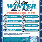 PCC STEAM Centers Presents Fab Lab Winter 2026 Maker Basics Tuesday Nights 5PM-7PM January 13th - 3D Printing January 20th - Laser Cutting January 27th - Sewing - Bowl Cozy February 3rd - Soldering February 17th - 3D Print Fidget Toys February 24th - Intro to CNC March 3rd - Sticker Making March 10th - Arduino & Micro:Bit Coding and Breadboarding No Registration Required. Drop-In and Sign-in at the door. All skill levels are Welcome! Youth under 16 with Adult Supervision. The Fab Lab has basic materials available to use at no cost. The Fab Lab is Located in Room 107 at the PCC OMIC Training Center 34001 NE Wagner Ct, Scappoose OR 97056 Email: sarah.burns@pcc.edu with questions