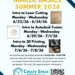 Maker Basics Workshops Summer 2026 Intro to Laser Cutting Monday - Wednesday 6/22/26 - 6/24/26 Intro to Autodesk Fusion Monday - Wednesday 6/29/26 - 7/1/26 Intro to 3D Printing Monday - Wednesday 7/6/26 - 7/8/26 All workshops available from 11:00 AM - 4:00 PM. Come learn the basics in a stress free environment. No prior experience necessary. No appointment necessary. No cost. Workshops can take 15 - 45 minutes. Create Space STEAM Center Terrell Hall 101 Cascade Campus https://pcc.edu/maker