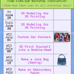 PCC Sylvania STEAM Center Free Summer Workshop Series Part 1 Time: 11am-1pm Workshop Instruction and (10am-4pm Open Lab on all workshop days) Location: Sylvania MakerLab (AM 101) TH June 25 3D Modeling for 3D Printing TUES June 30 3D Modeling for 3D Printing WED July 01 Custom Can Coolers WED July 08 3D Print yourself into a Bobble-Head WED July 15 Make a Jote Bag (Sewing) WED July 22 Make an Embroidery Patch More information on the website calendar: https://www.pcc.edu/maker/makerlab/ (and stay tuned for Part II)