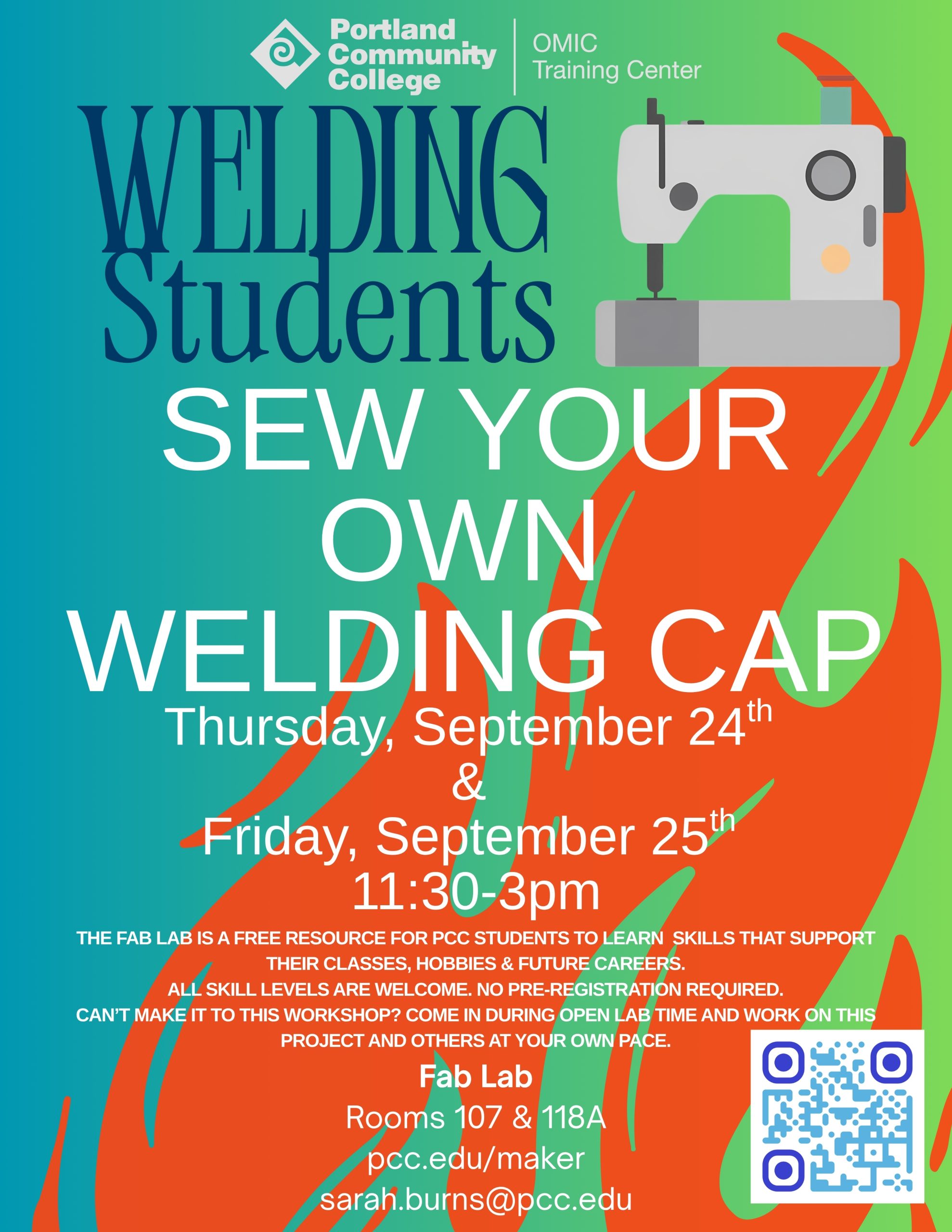 Welding Students: Sew Your Own Welding Cap
Thursday, September 24th and Friday, September 25th
11:30 AM - 3:00 PM
PCC OMIC Training Center
The Fab Lab is a free resource for PCC students to learn skills that support their classes, hobbies, and future careers.
All skill levels are welcome. No pre-registration required.
Can't make it to this workshop? Come in during open lab time and work on this project and others at your own pace.
Fab Lab
Rooms 107 & 118A
https://pcc.edu/maker
sarah.burns@pcc.edu