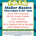 PCC OMIC Training Center Fab Lab Maker Basics Thursday 5:30 PM - 7:00 PM 10/8 3D Printing 10/22 Laser Cutting 11/5 Cricut 11/19 Soldering 12/3 Digital Art and Design with Adobe Fresco The Fab Lab is one of five STEAM Centers throughout PCC. We are a hub for PCC students, staff, K-12 & industry partners, and members of the community to come together to gain valuable hands-on skills in Science, Technology, Engineering, Art, Math, and Manufacturing. There is no cost to visit the Fab Lab, most materials are provided and no pre-registration is required. All skill levels are welcome. Youth under 16 are invited with adult supervision. The PCC OMIC Training Center 34001 NW Wagner Ct, Scappoose, OR 97056