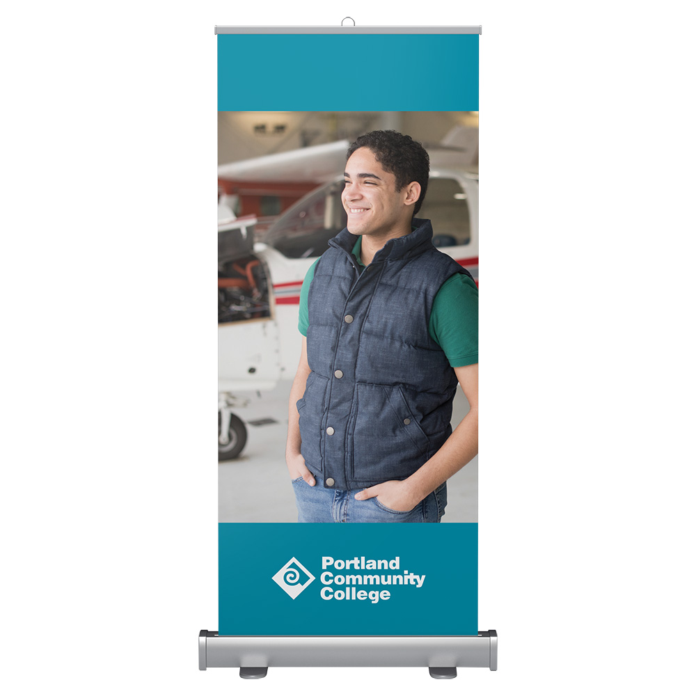 Standard banner stand with student automotive worker