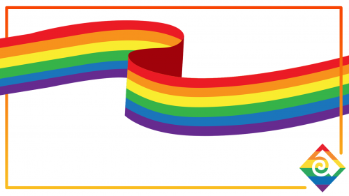 Pride background with rainbow ribbon, thin rainbow border, and rainbow PCC diamond.