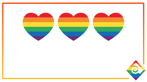 Pride background with three rainbow hearts, thin rainbow border, and rainbow PCC diamond