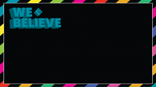 We Believe background with turquoise text, turquoise PCC diamond, and multi-color striped border