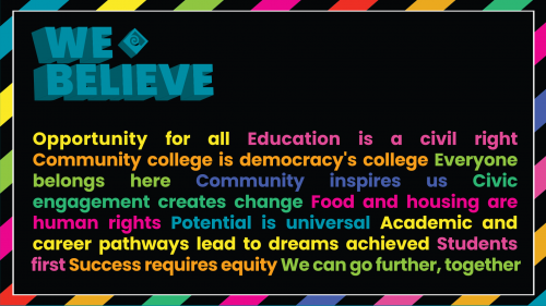 We believe background with black background, multicolored paragraph of text, rainbow border.Text featured in the background: We believe opportunity for all, education is a civil right, community college is democracy's college, everyone belongs here, community inspires us, civic engagement creates change, food and housing are human rights, potential is universal, academic and career pathways lead to dreams achieved, students first, success requires equity, we can go further together.