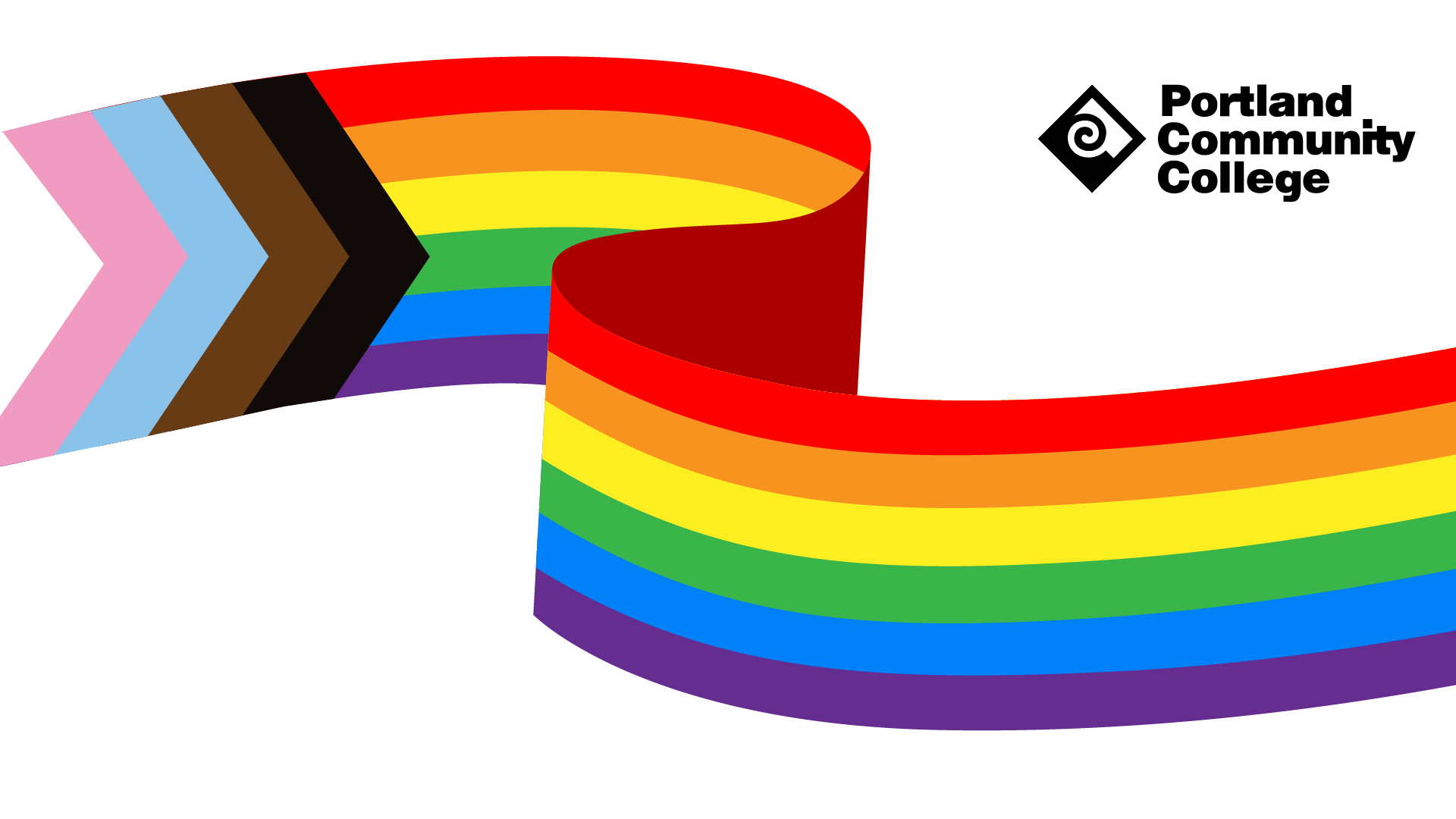 Inclusive pride background with rainbow, POC, and trans ribbon and black PCC logo. 