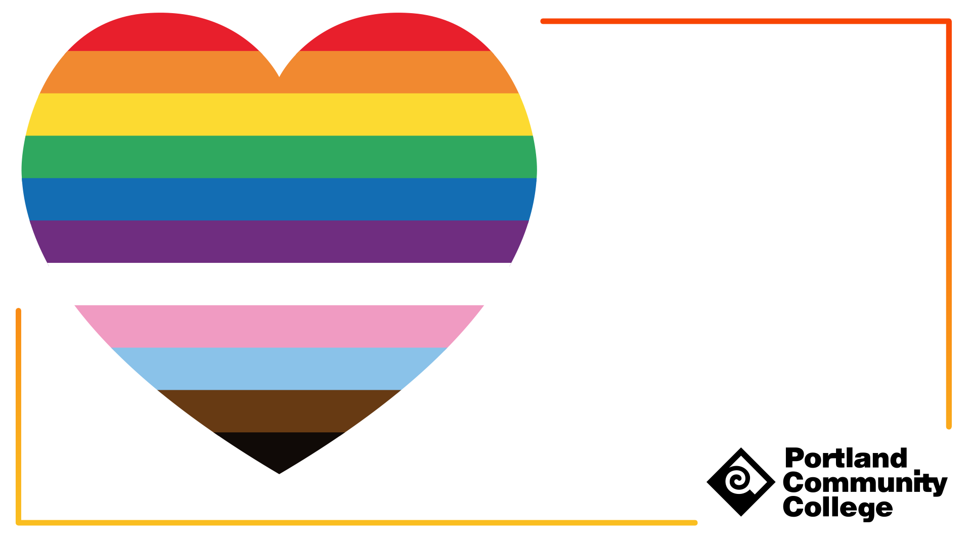 Inclusive pride background with large rainbow, POC, and trans heart in top left corner, thin red border, and black PCC logo