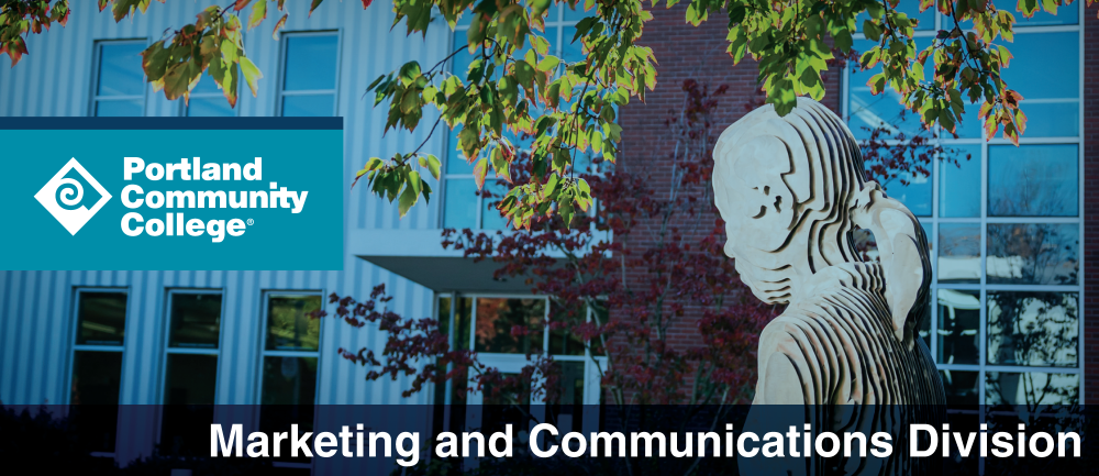 Marketing and Communications Division website header with a PCC logo and photo of a stainless steel statue depicting a woman sitting, reading a book. The statue is title The Reader by Julian Voss-Andreae. Banner reads Marketing and communications division.