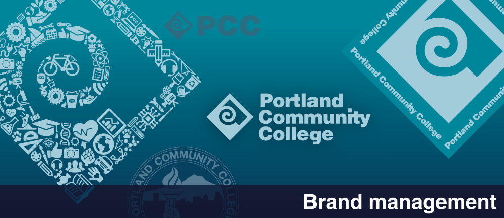 Marketing and Communications Division website header featuring the PCC logo in various forms. Banner reads Brand management.