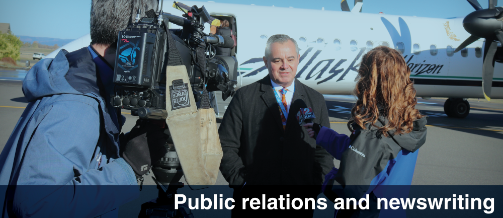 Marketing and Communications Division website header featuring a news team interviewing Horizon Air’s Director of Line/Base Maintenance and Student Development, Archie Vega. Banner reads Public relations and newswriting.