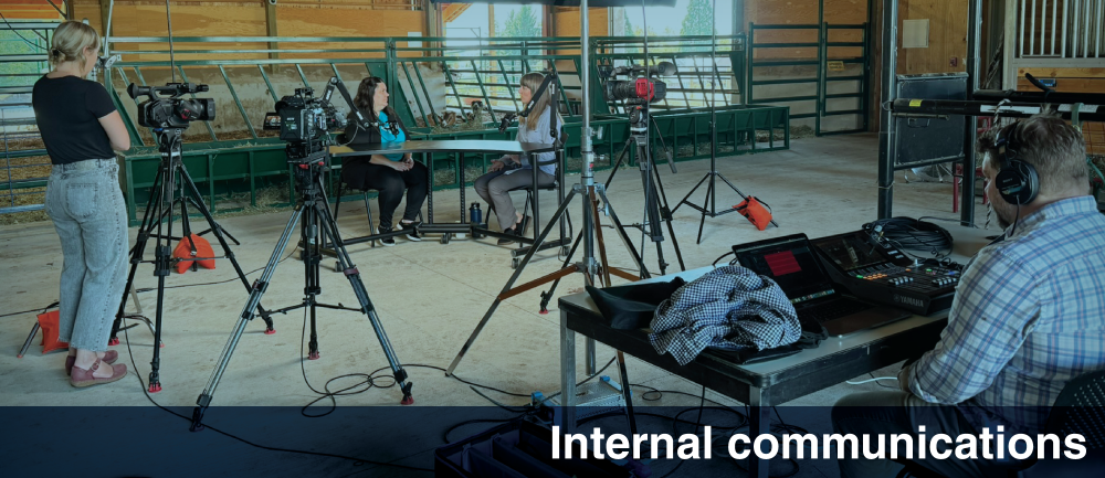 Marketing and Communications Division website header featuring the audio and video recording of the college's On The Spot podcast. This episode was captured at the Rock Creek barn. Banner reads Internal communications.