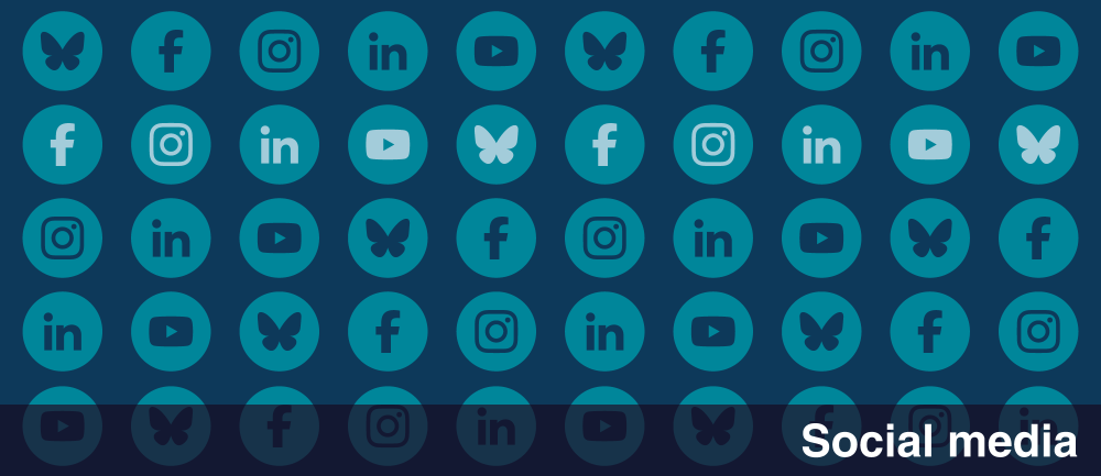 Marketing and Communications Division website header featuring the following social media icons: Facebook, Instagram, LinkedIn, YouTube, and Bluesky. Banner reads Social media.