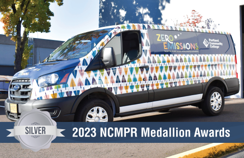 PCC Zero Emissions E-van wrap artwork, featuring colorful trees. Silver 2023 NCMPR Medallion Award winner.