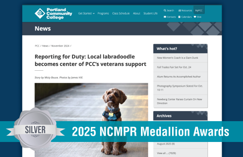 An image of PCC's website, featuring a story about PCC's veterans support labradoodle. Silver 2025 NCMPR Medallion Award winner.