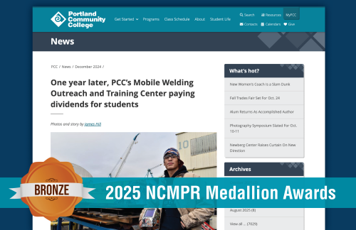 An image of PCC's website, featuring a story about PCC's Mobile Welding Outreach and Training Center. Bronze 2025 NCMPR Medallion Award winner.