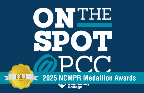On the Spot at PCC podcast cover artwork. Gold 2025 NCMPR Medallion Award winner.