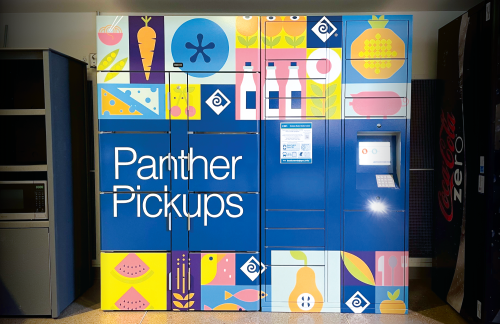PCC's Panther Pickups lockers with creative flat vector drawings of different foods and the PCC diamond.