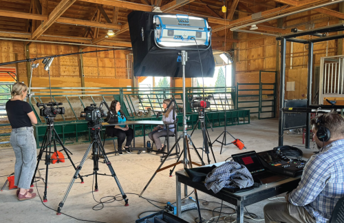 Image featuring the audio and video recording of the college's On The Spot podcast. This episode was captured at the Rock Creek barn.