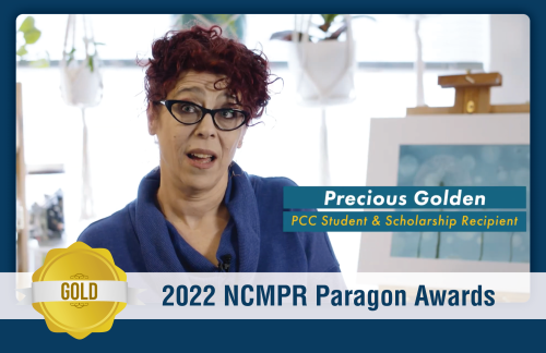 A still image captured from a video, featuring Precious Golden, a PCC student and scholarship recipient. Gold 2022 NCMPR Paragon Award winner.