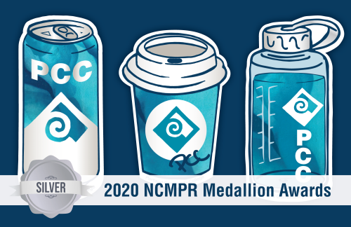 Images of PCC's stickers handed out to prospective students. The stickers are a hand drawn can of bubble water, coffee cup, and water bottle that feature the PCC diamond. Silver 2020 NCMPR Medallion Award winner.