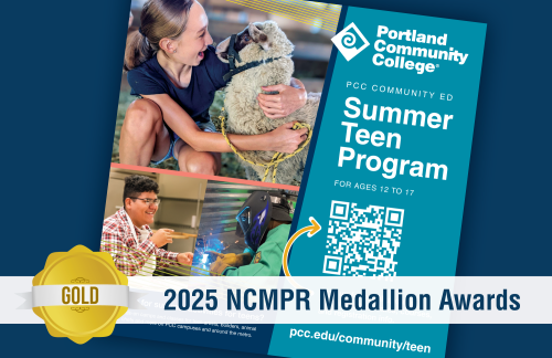 PCC Community Ed Summer Teen Program ad featuring a student hugging a sheep, a student cooking in a kitchen and another working on a welding project. Gold 2025 NCMPR Medallion Award winner.