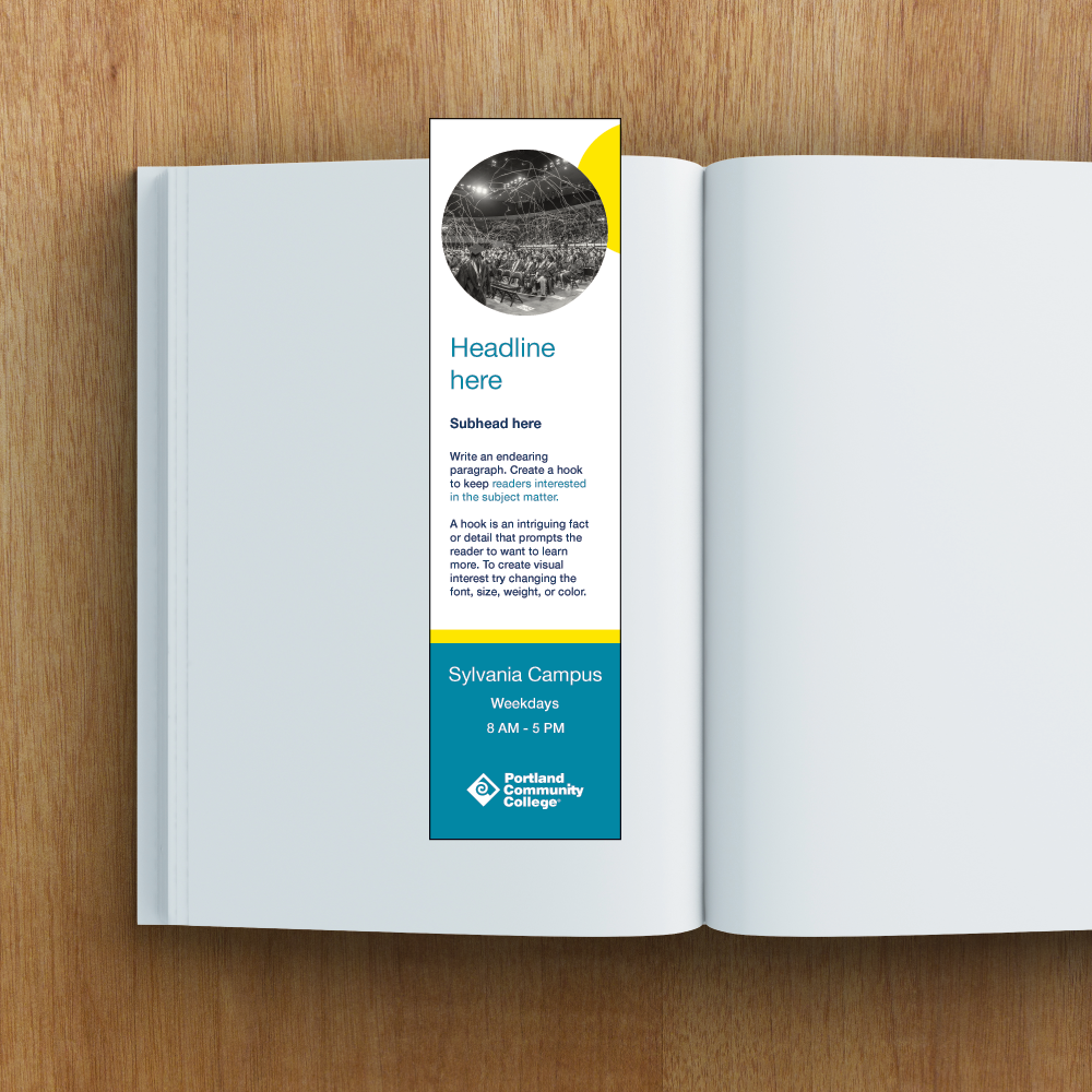 Adobe Express template for a college branded bookmark - version 1, laying on a book.