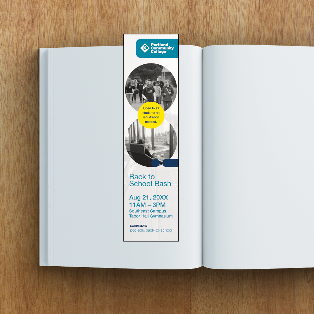 Adobe Express template for a college branded bookmark - version 2, laying on a book.