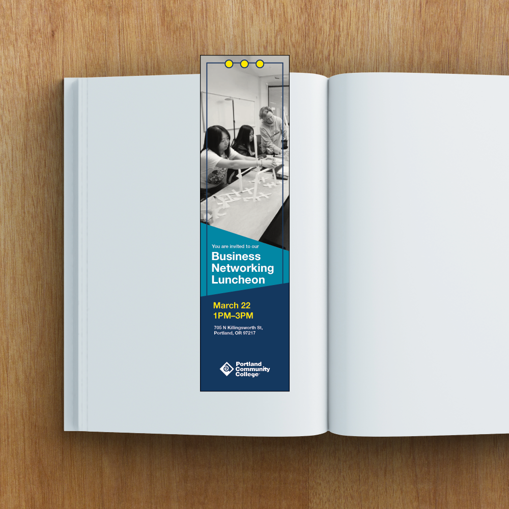 Adobe Express template for a college branded bookmark - version 3, laying on a book.